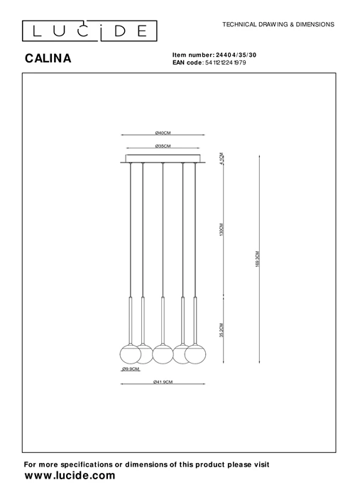 Lucide CALINA - Pendelleuchten - Ø 42 cm - LED Dim. - 5x8,2W 2700K - Schwarz | Premium - technisch